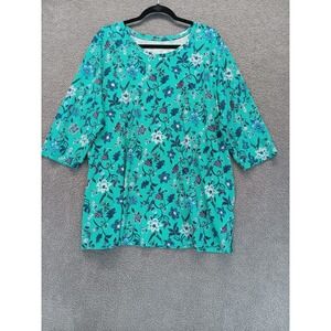 Woman Within 1X 22/24 Green Floral Top 3/4 Sleeve 100% Cotton